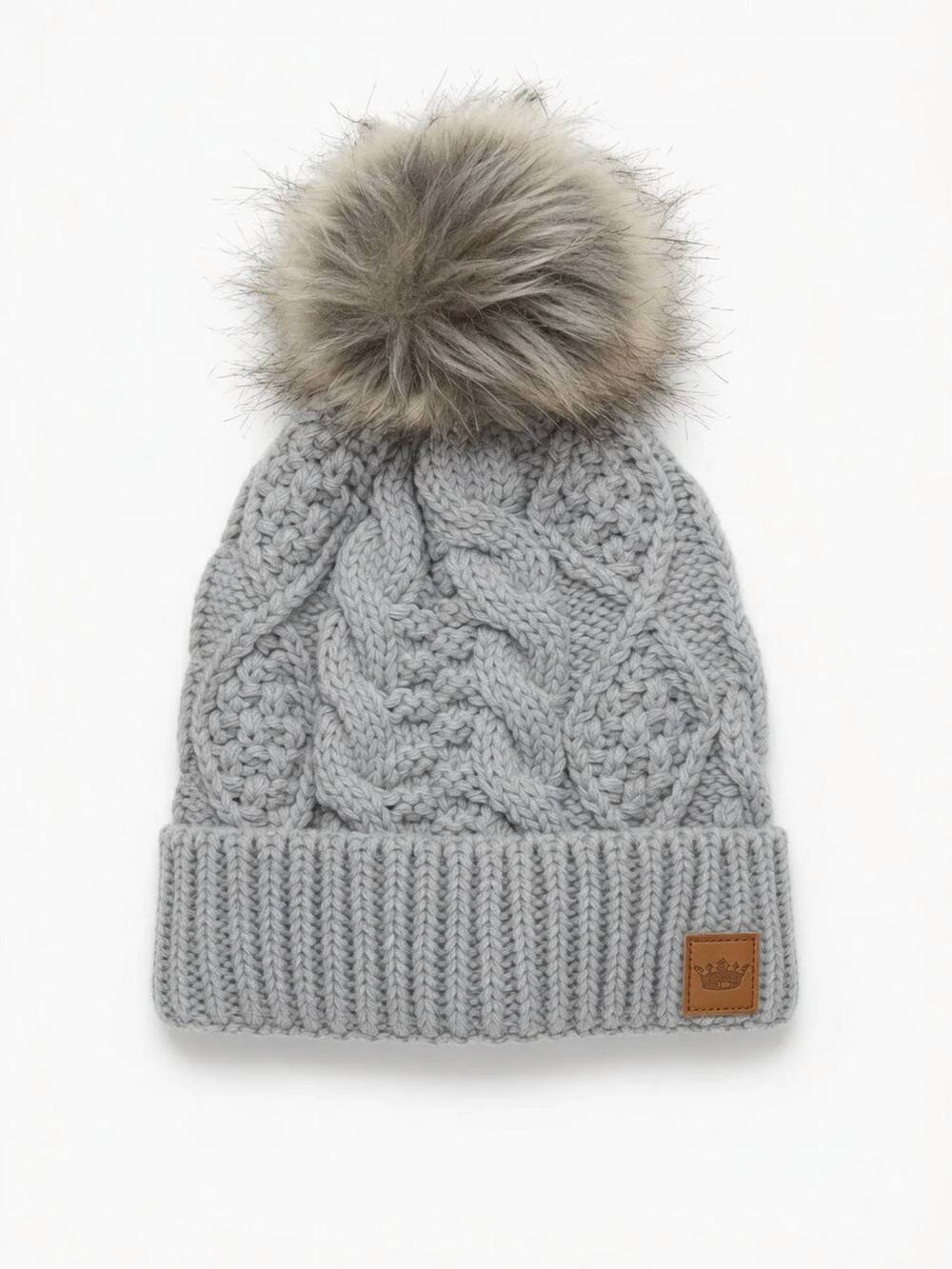 NEW PANACHE women's cable knit pom hat in light grey